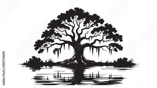 Elegant black and white illustration of a majestic old oak tree with flowing Spanish moss, reflecting in tranquil waters, embodying serene nature and timeless beauty