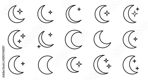 Crescent moon and stars line icons set