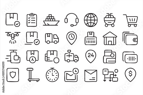 Transportation and delivery line icons for modern logistics platforms