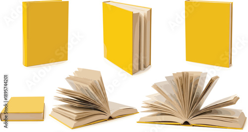Collection of yellow books displayed in various orientations and states of openness on a plain background