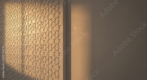 Intricate Islamic Geometric Pattern Wall Panel Illuminated by Warm Sunset Light
