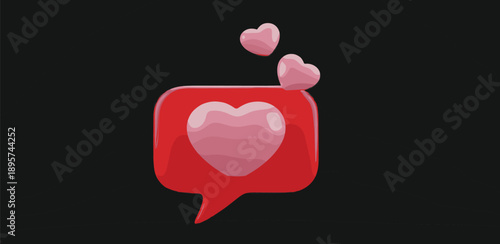 Heart symbol inside a red speech bubble with floating hearts nearby against a dark backdrop, conveying love and affection.