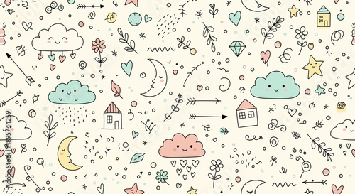 Cute Doodle Pattern with Clouds, Moon and Houses