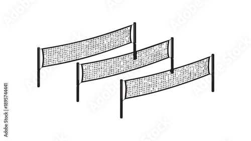 Three stylized volleyball nets presented in a minimalist black and white vector illustration, suitable for various sports graphics, competitive themes, and active lifestyle designs