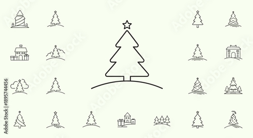 Christmas Tree Outline Icons Set. Winter Holiday Symbols
