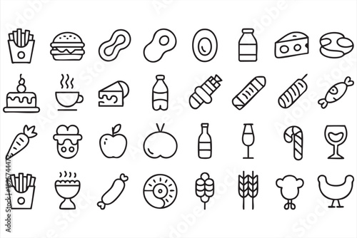Minimal fast food and drink line icons for UI design