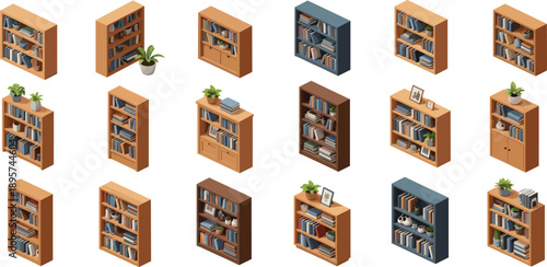 A collection of various 3D rendered bookshelves with books and plants displayed from different viewpoints