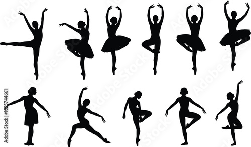 Ballet dancer silhouette collection in various poses, classical dance movement vector illustration set, graceful female performance art figures