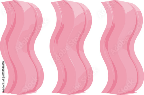 Three strips of pink bacon with light and shadow effects creating a subtle 3D illusion, isolated on a white background
