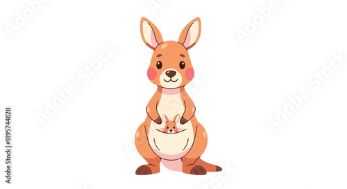 Cute Mother Kangaroo with Joey in Pouch Cartoon Character Isolated on White