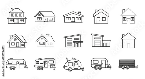 House and Trailer Icons Set. Outline Style