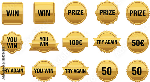Collection of golden badges and labels featuring 'WIN', 'PRIZE', 'YOU WIN', 'TRY AGAIN', and monetary values for games, rewards, and promotions