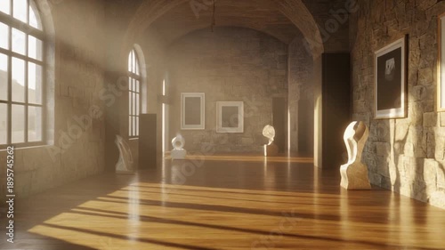 Quiet sunlit gallery with warm golden beams illuminating sculptural forms on polished wood floor
