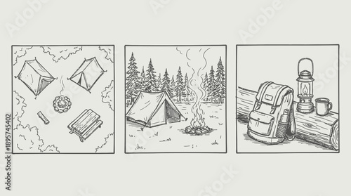 Tents, Fire, Backpack, Forest, Sketch Illustration