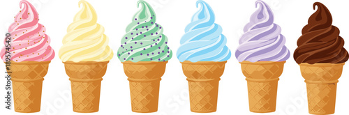 Set of colorful soft serve ice cream cones, assorted flavors including strawberry, vanilla, mint, blueberry, grape, and chocolate, summer dessert vector illustration