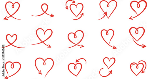 Collection of red hand-drawn hearts and arrows on a seamless pattern