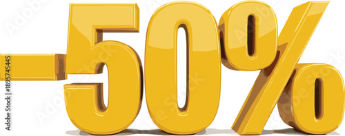 Eye-catching golden 3D fifty percent off symbol for retail sales, special promotions, and significant savings announcements, creating impactful marketing visuals for various campaigns