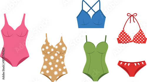 Set of colorful women swimsuit icons, flat vector illustration of one piece bathing suits, bikini with polka dots, floral summer beachwear collection, isolated