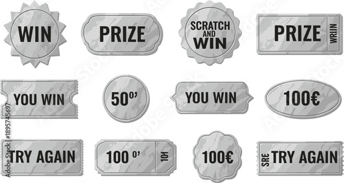 Monochrome Vector Set of Lottery Tickets and Scratch Cards, Featuring Win, Prize, You Win, Try Again, and Cash Value Symbols for Gambling and Game Success or Failure Concepts