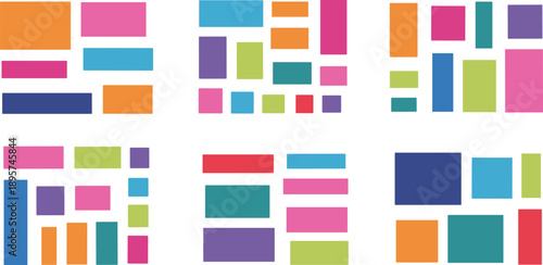 Vibrant geometric patterns arranged in a grid, showcasing colorful rectangles, abstract shapes, and diverse hues, viewed from a straightforward perspective.