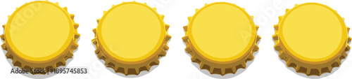 Four yellow bottle caps aligned in a row on a clean surface viewed from directly above