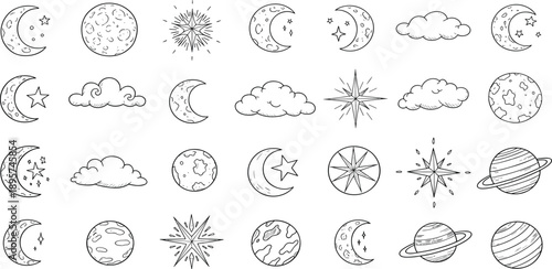 Collection of hand-drawn celestial bodies and weather elements in a simple line art style