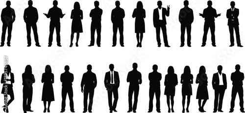 Set of diverse business people silhouettes standing in line, professional men and women in suits, corporate teamwork and leadership concept, vector illustration,