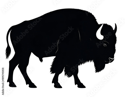 Silhouette of a massive, black bison against a bright white backdrop