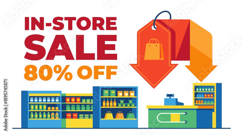 In-Store Sale Event, Grocery Items, Retail Location, Digital Illustration, Shopping Environment, Aerial View, Discount Concept