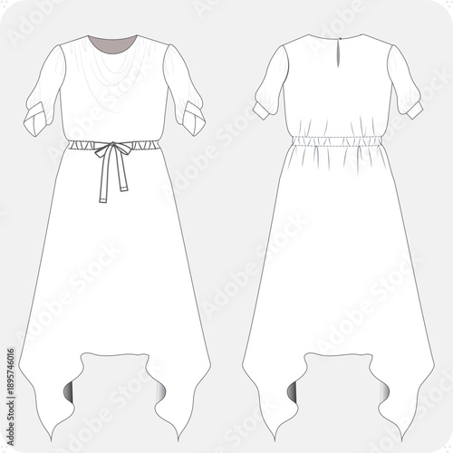 Women’s Handkerchief Maxi Dress with Cowl Neck — Professional Technical Flat Drawing, Puff Sleeve Detail & CAD Layout