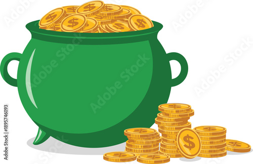 A large green cauldron filled with gold coins and stacks of currency beside it on the floor