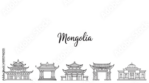 A minimalist line drawing of traditional Mongolian architecture, showcasing various iconic structures in a simple, elegant style perfect for cultural or travel-themed designs