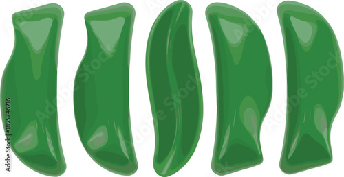Five green chili peppers arranged in a row on a transparent background, viewed from the front