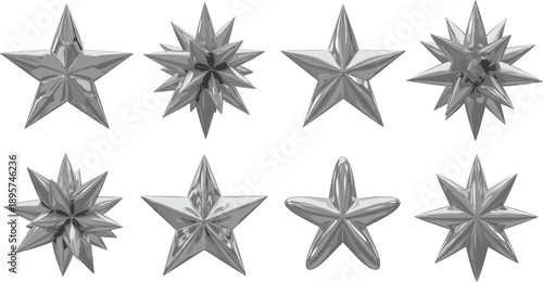 Collection of silver stars with varying shapes and designs arranged in a grid pattern from a top-down viewpoint