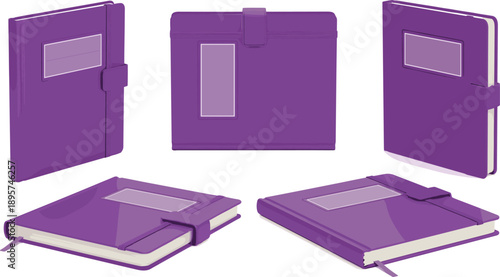Collection of purple notebooks displayed from various viewpoints and angles on a white surface