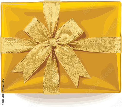 A beautifully wrapped golden gift box with a large bow on a plain surface viewed from above