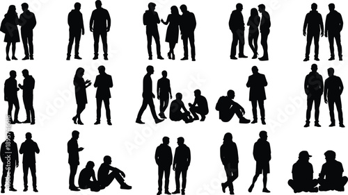 Set of diverse people silhouettes talking and sitting, group of men and women in social conversation, community lifestyle, vector illustration isolated on white,