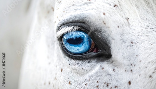 Close-up of a striking blue horse eye, with the white coat speckled with brown spots in a soft, natural light