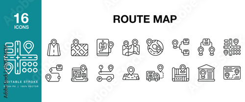 Route Map icon set. Includes route, map, navigation, path, road, highway and More. Editable Stroke Icon Collection.