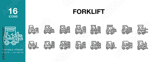 Forklift icon set. Includes forklift, truck, warehouse, pallet, loading, unloading and More. Editable Stroke Icon Collection.