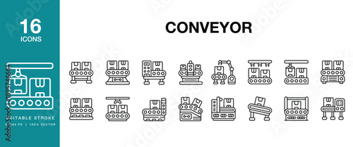 Conveyor icon set. Includes conveyor, belt, line, roller, factory, warehouse and More. Editable Stroke Icon Collection.