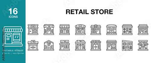 Retail Store icon set. Includes retail, store, shop, boutique, market, commerce and More. Editable Stroke Icon Collection.
