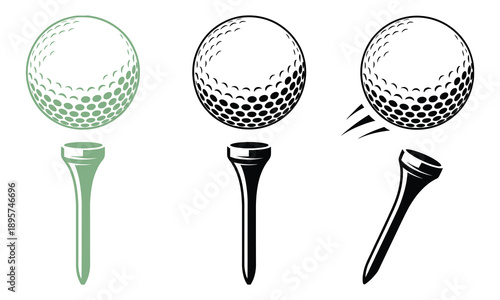 Golf ball and tee vector, golf equipment illustration, driving and tee-off symbols, green and black design.