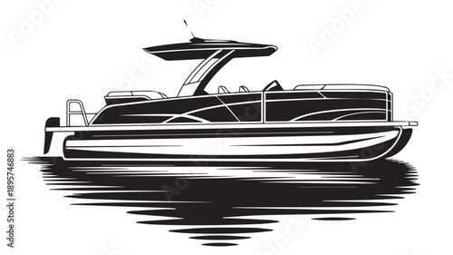 Detailed black and white line drawing of a modern pontoon boat with a canopy, casting a reflection on the water