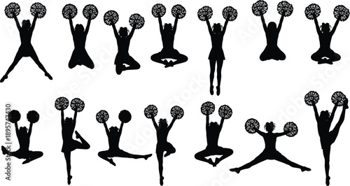 Set of energetic cheerleader silhouettes jumping with pom poms, vector illustration of young girls performing stunts and dance moves on white background.