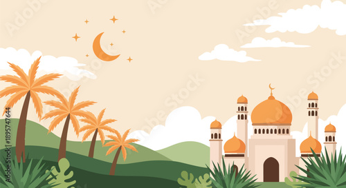 Islamic Ramadan Mosque And Crescent Moon Landscape Background