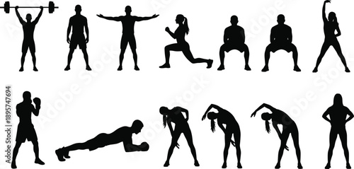Set of fitness and workout silhouettes, people training with weights and boxing, men and women doing lunges and planks, exercise icons, vector illustration.