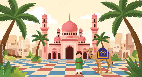Boy And Camel In Front Of A Pink Mosque With Palm Trees