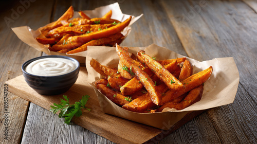 Realistic Depiction of Delicious Sweet Potato Fries Served with Creamy Dipping Sauce on Rustic Wooden Surface