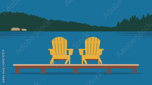 Two yellow Adirondack chairs, calm lakefront view, wooden dock, serene natural landscape illustration